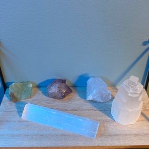 Crystal’s . Green calcite,amathyst,rose quarts,satinspar